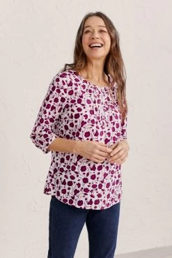 Seasalt White And Pink Three Quarter Summer Cotton Meadow Top